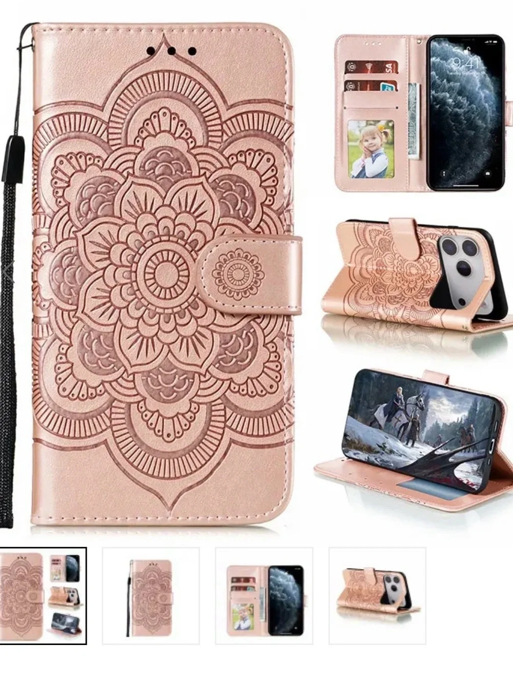 Mandala Embossed Wallet Phone Case - Rose Pink